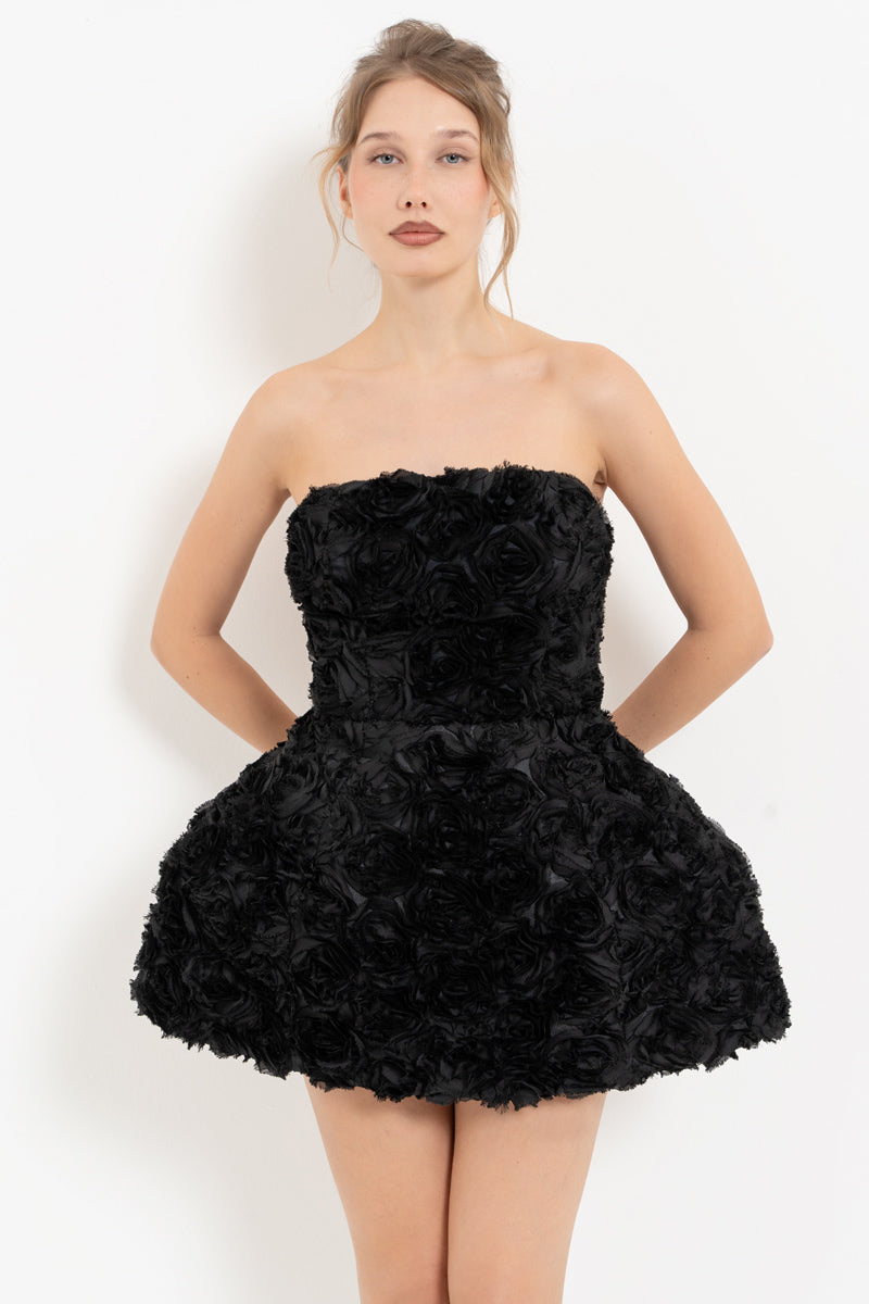 Black Strapless Mini Dress with Rose Detail