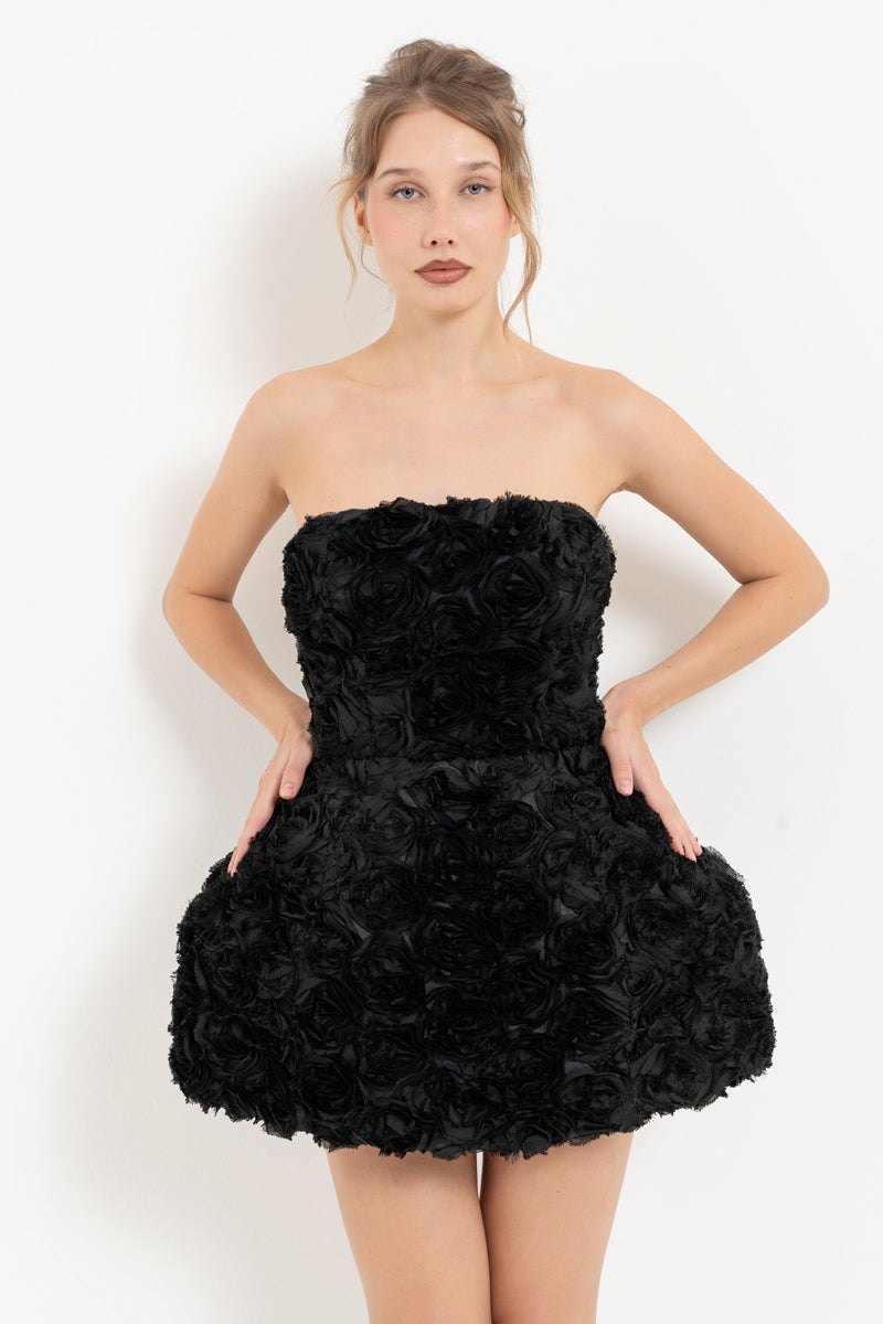 Black Strapless Mini Dress with Rose Detail