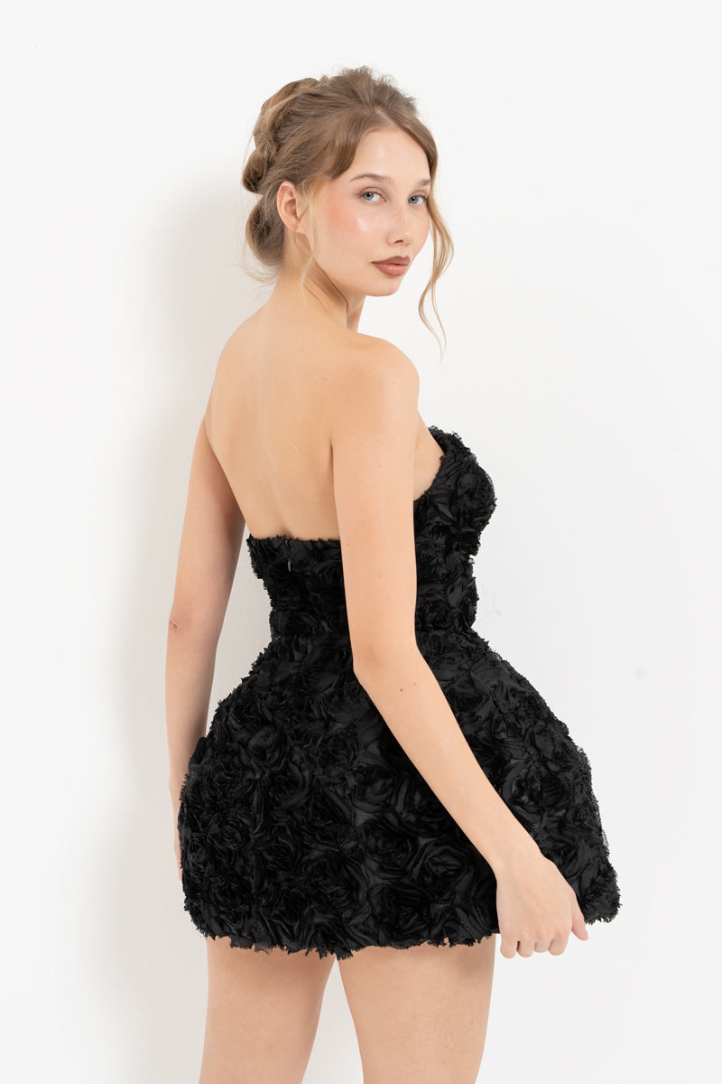 Black Strapless Mini Dress with Rose Detail