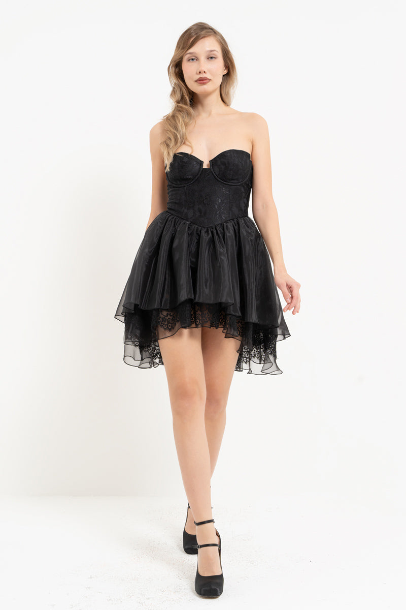 Black Strapless Mini Dress with Organza Skirt
