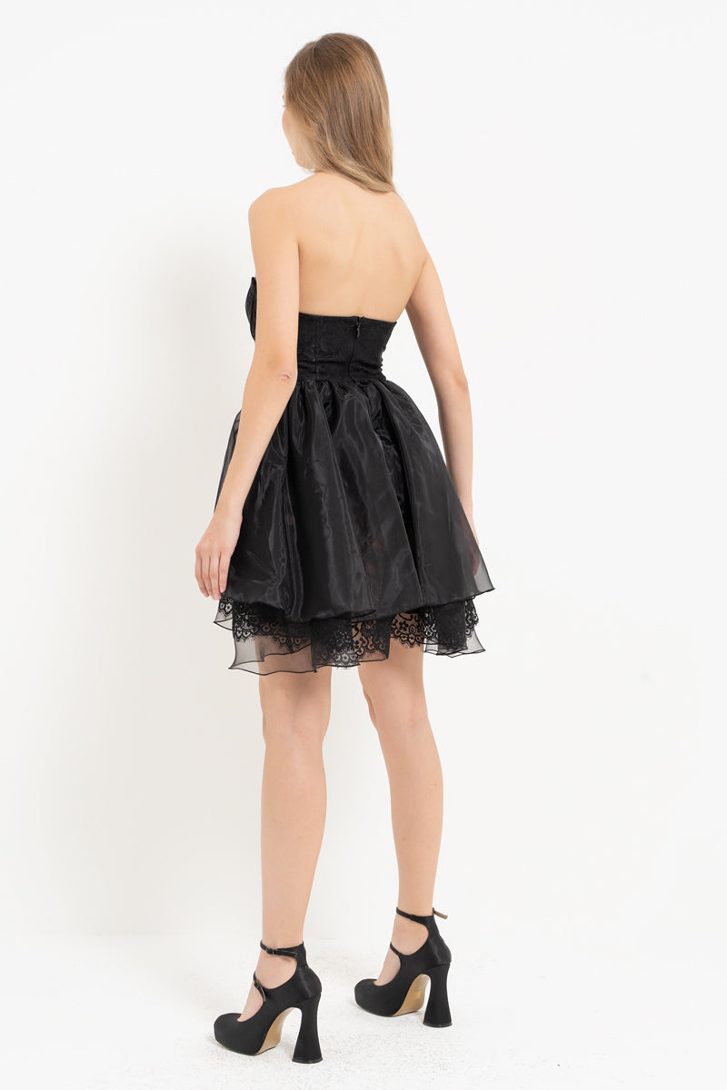 Black Strapless Mini Dress with Organza Skirt