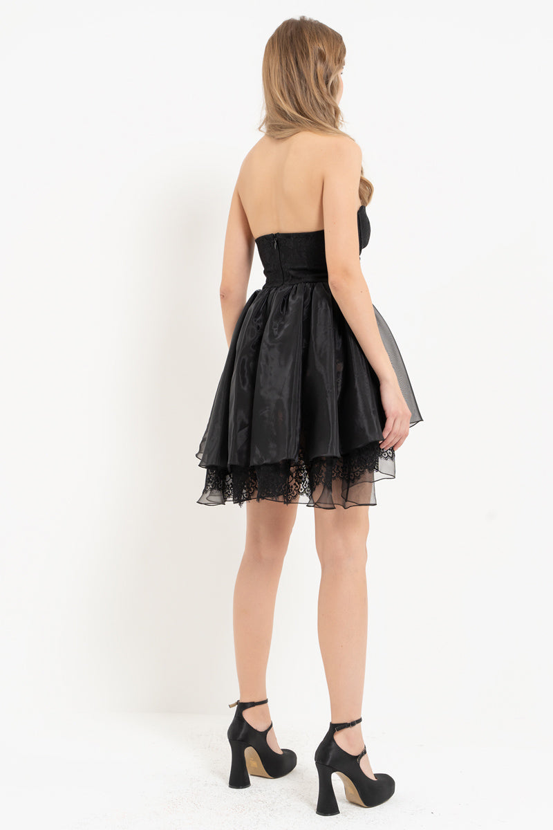 Black Strapless Mini Dress with Organza Skirt