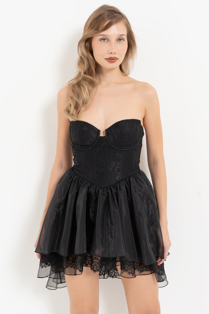 Black Strapless Mini Dress with Organza Skirt