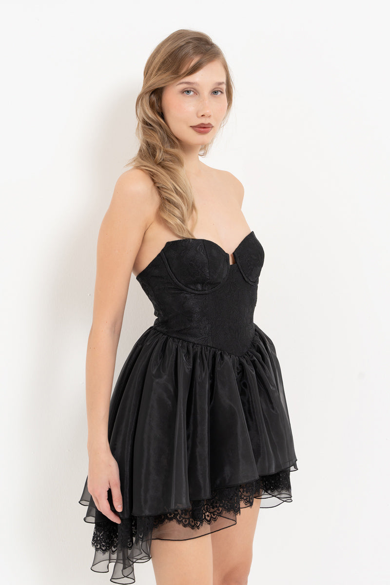 Black Strapless Mini Dress with Organza Skirt