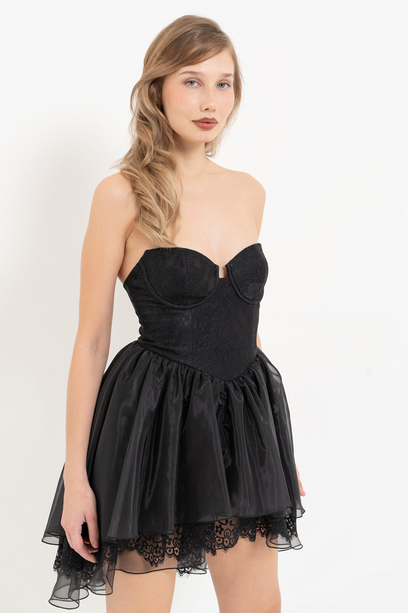 Black Strapless Mini Dress with Organza Skirt