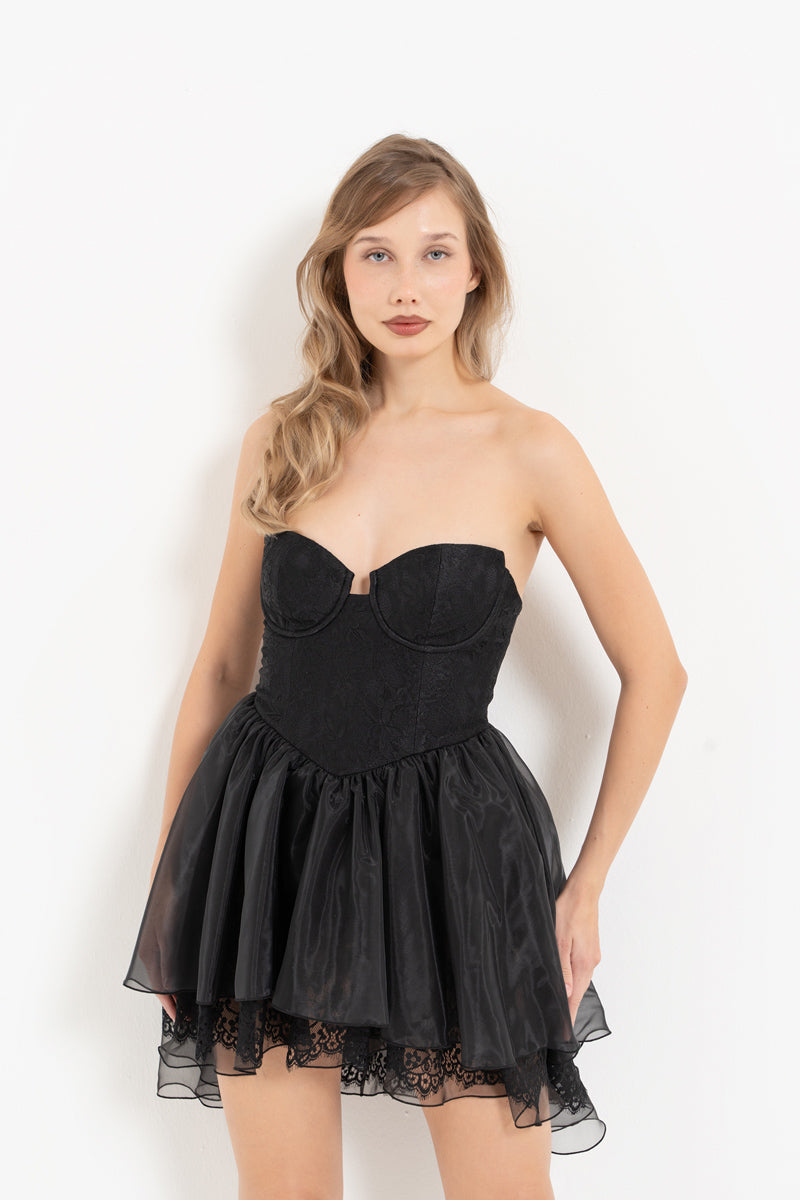 Black Strapless Mini Dress with Organza Skirt