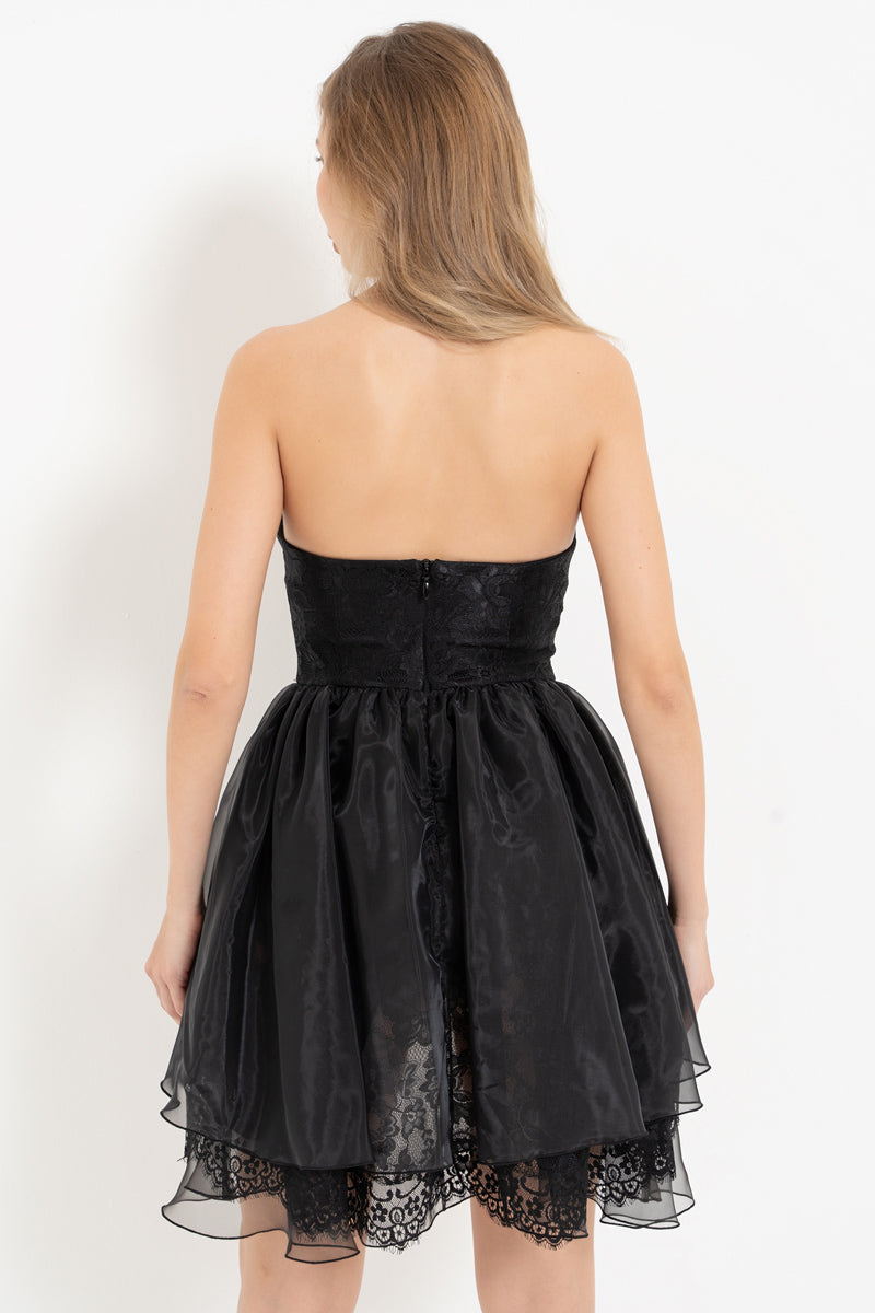 Black Strapless Mini Dress with Organza Skirt