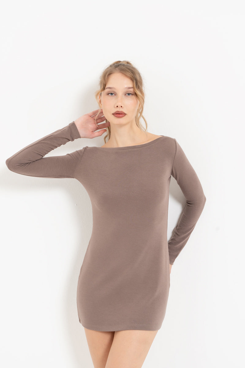 Sapphire Blue Boat Neck Long Sleeve Mini Dress