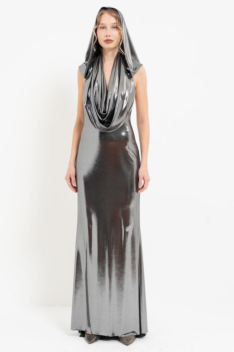 Silver Hooded Cowl Neck Shimmer Maxi Dress