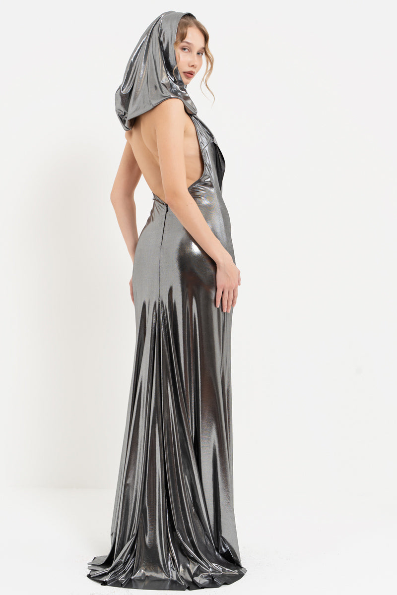 Silver Hooded Cowl Neck Shimmer Maxi Dress