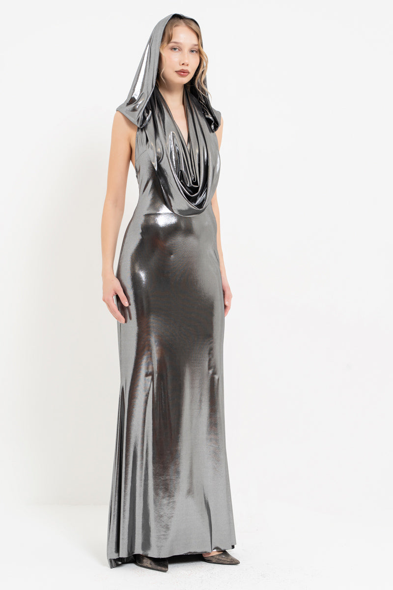 Silver Hooded Cowl Neck Shimmer Maxi Dress