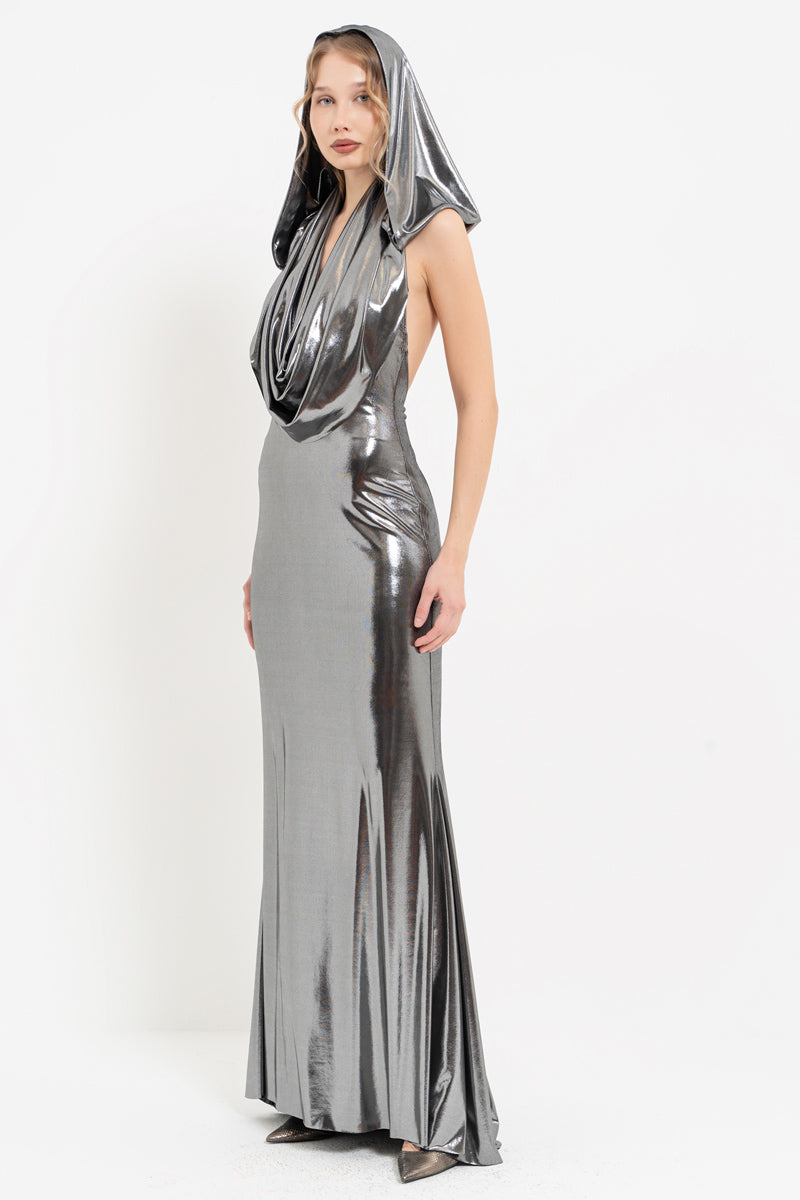 Silver Hooded Cowl Neck Shimmer Maxi Dress