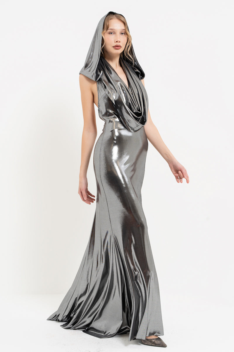 Silver Hooded Cowl Neck Shimmer Maxi Dress