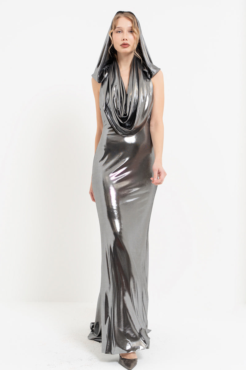 Silver Hooded Cowl Neck Shimmer Maxi Dress