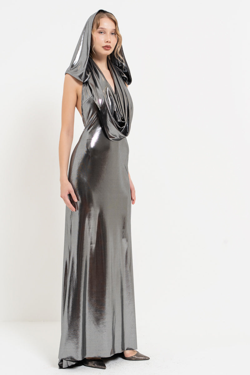 Silver Hooded Cowl Neck Shimmer Maxi Dress