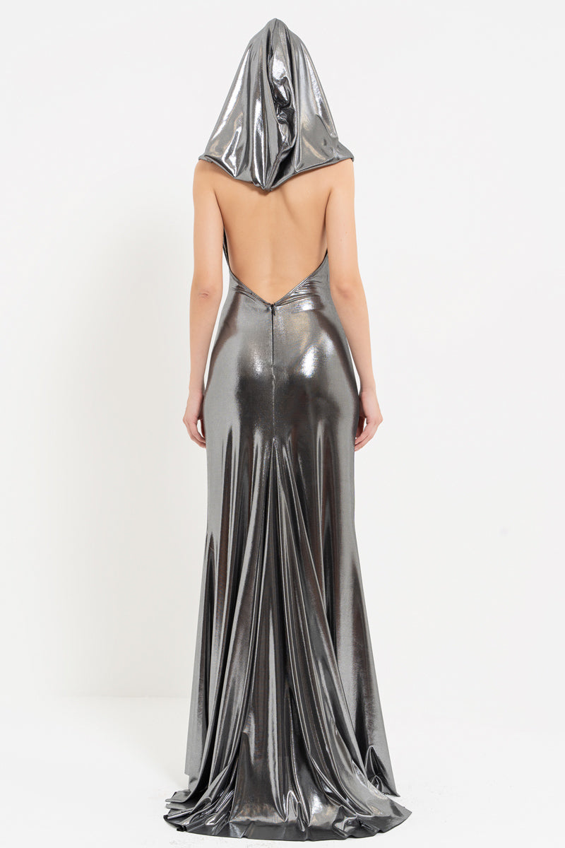 Silver Hooded Cowl Neck Shimmer Maxi Dress