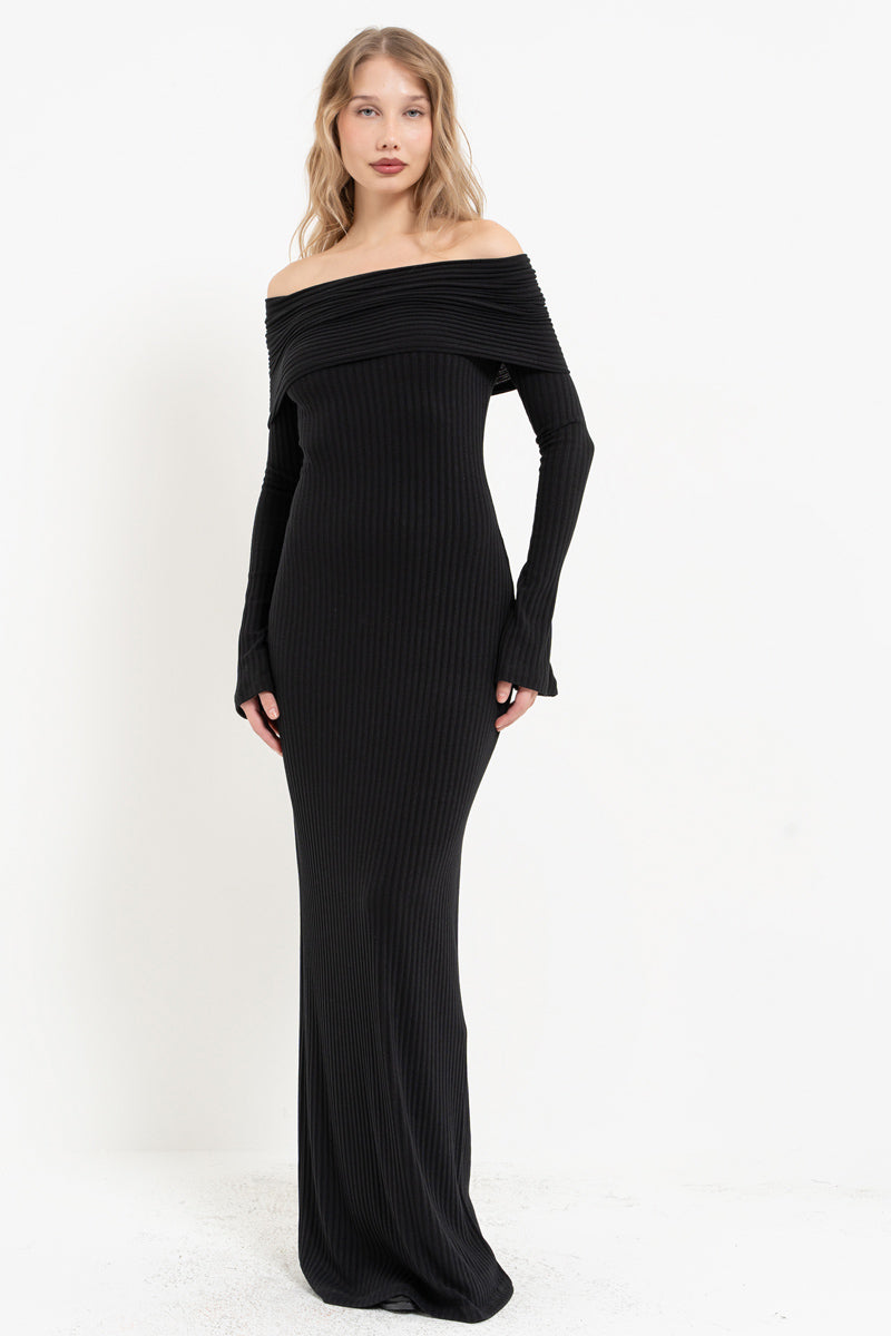Black Off-Shoulder Long Sleeve Dress