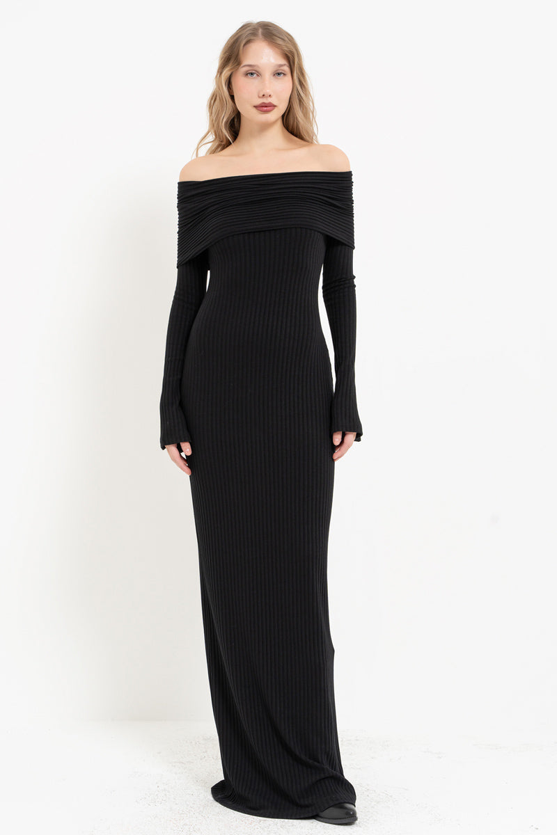 Black Off-Shoulder Long Sleeve Dress