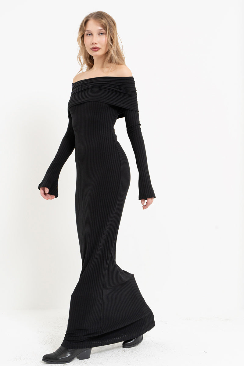 Black Off-Shoulder Long Sleeve Dress