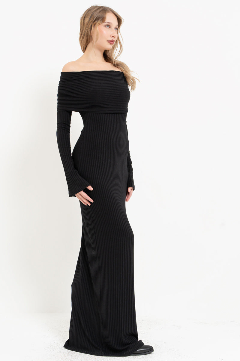 Black Off-Shoulder Long Sleeve Dress