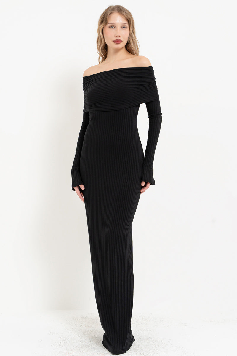 Black Off-Shoulder Long Sleeve Dress