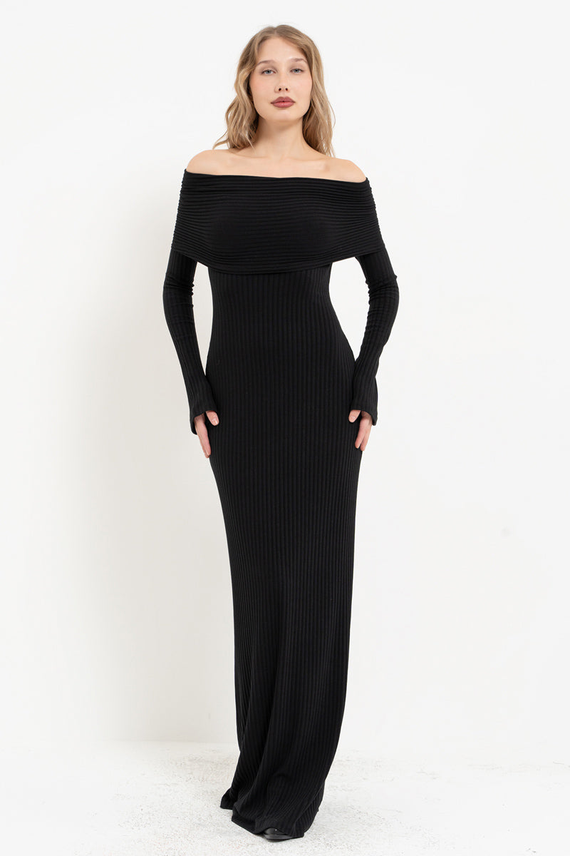 Black Off-Shoulder Long Sleeve Dress