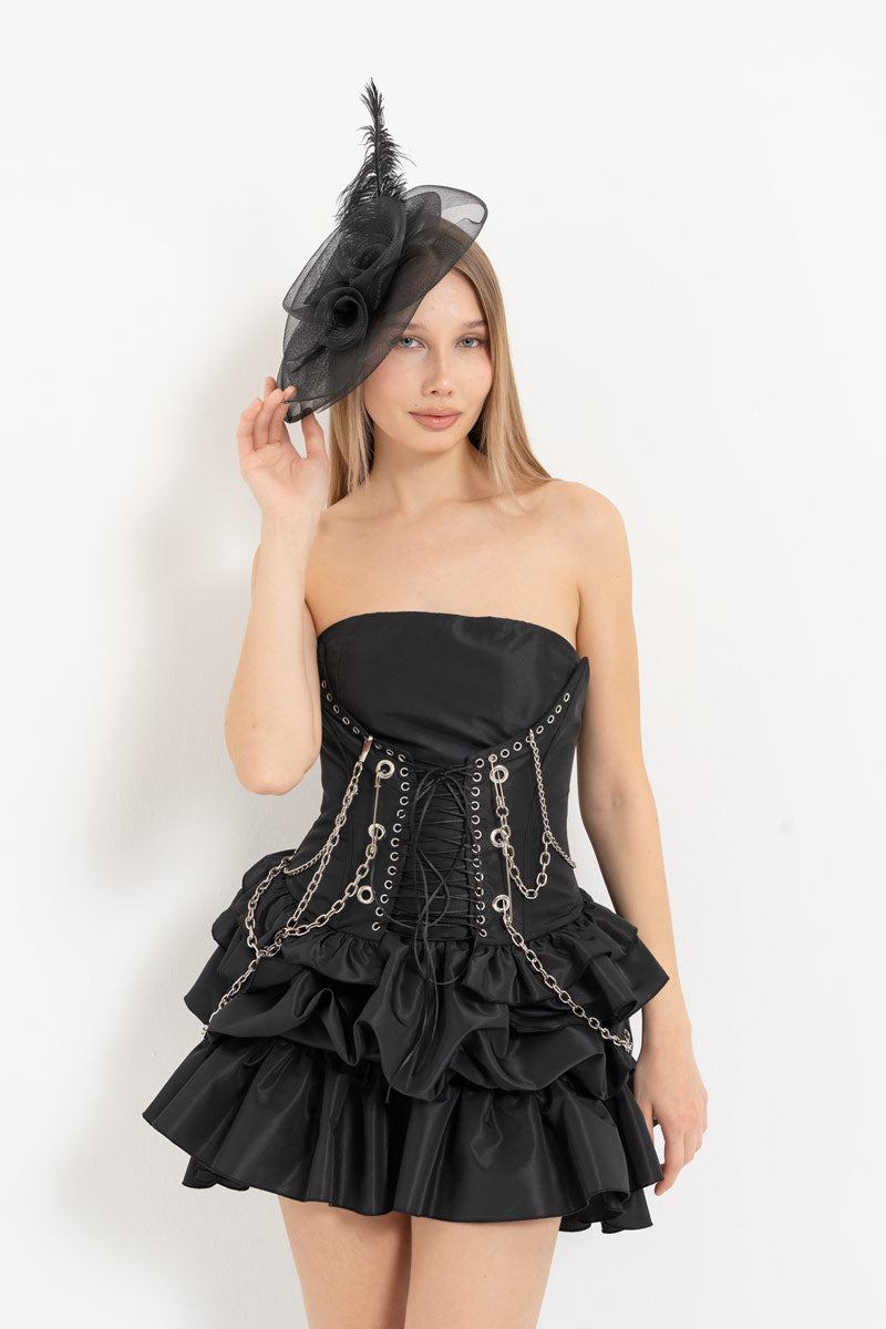 Black Tiered Ruffle Strapless Dress & Chain Corset Set