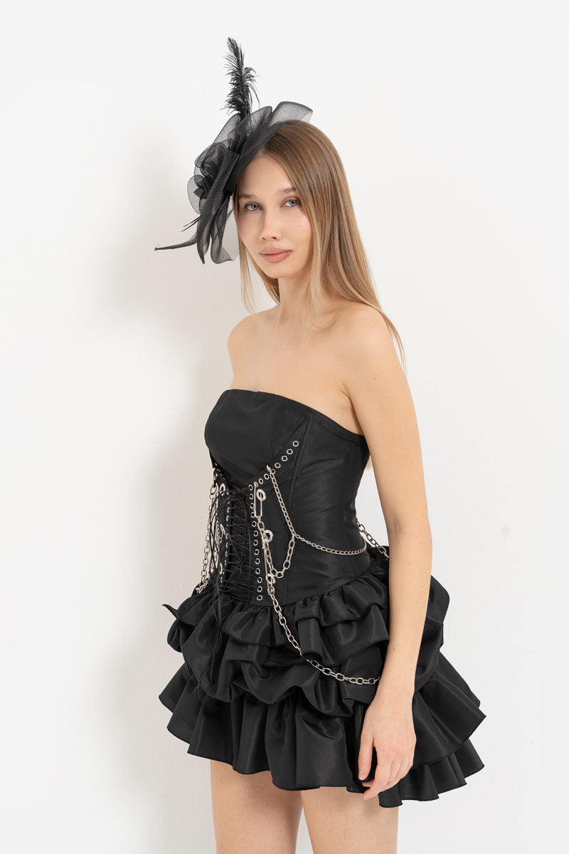 Black Tiered Ruffle Strapless Dress & Chain Corset Set