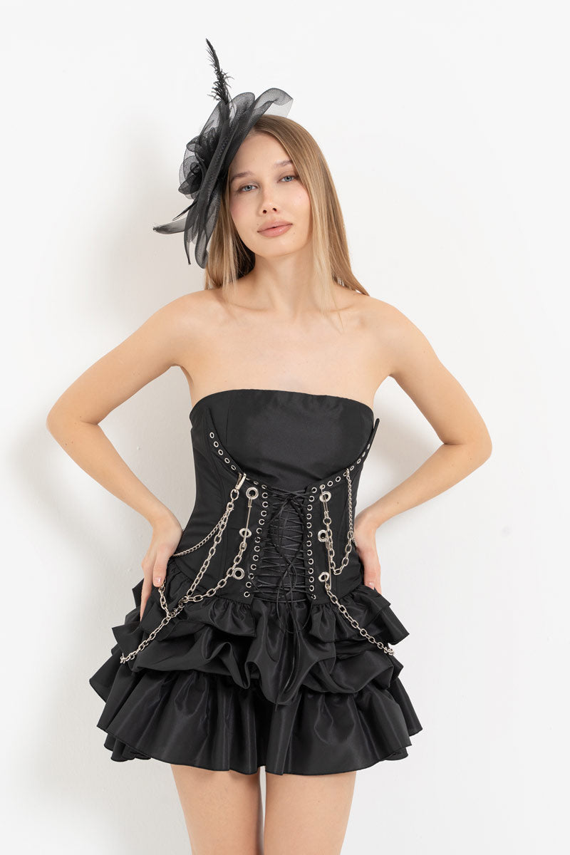 Black Tiered Ruffle Strapless Dress & Chain Corset Set
