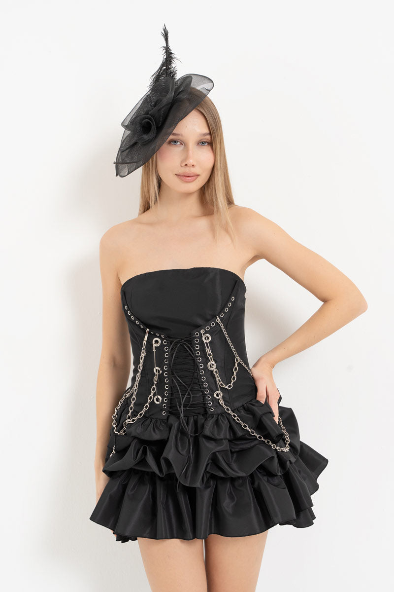 Black Tiered Ruffle Strapless Dress & Chain Corset Set
