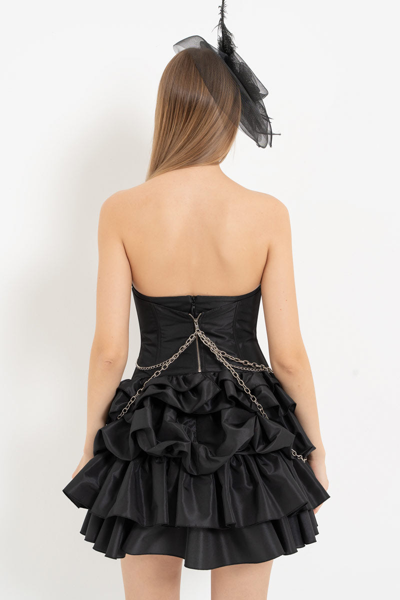 Black Tiered Ruffle Strapless Dress & Chain Corset Set
