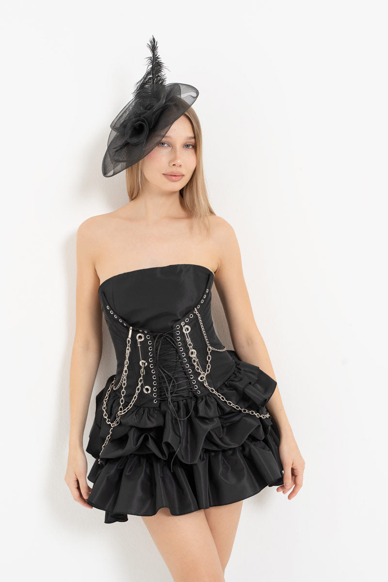 Black Tiered Ruffle Strapless Dress & Chain Corset Set