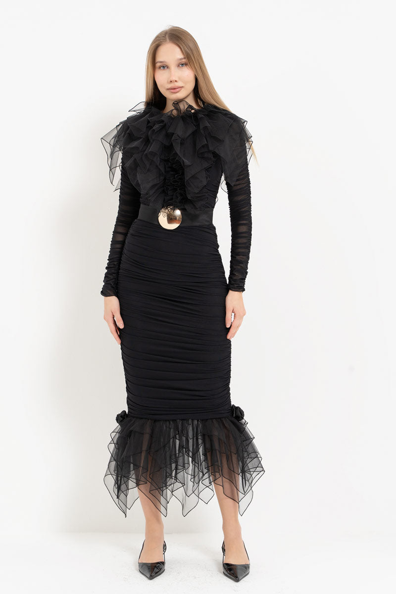 Black Dress with Ruffle Tulle Detail and Detachable Belt