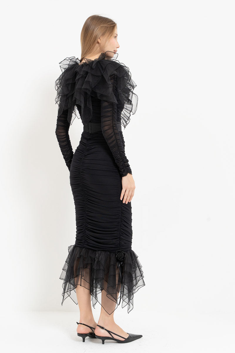 Black Dress with Ruffle Tulle Detail and Detachable Belt