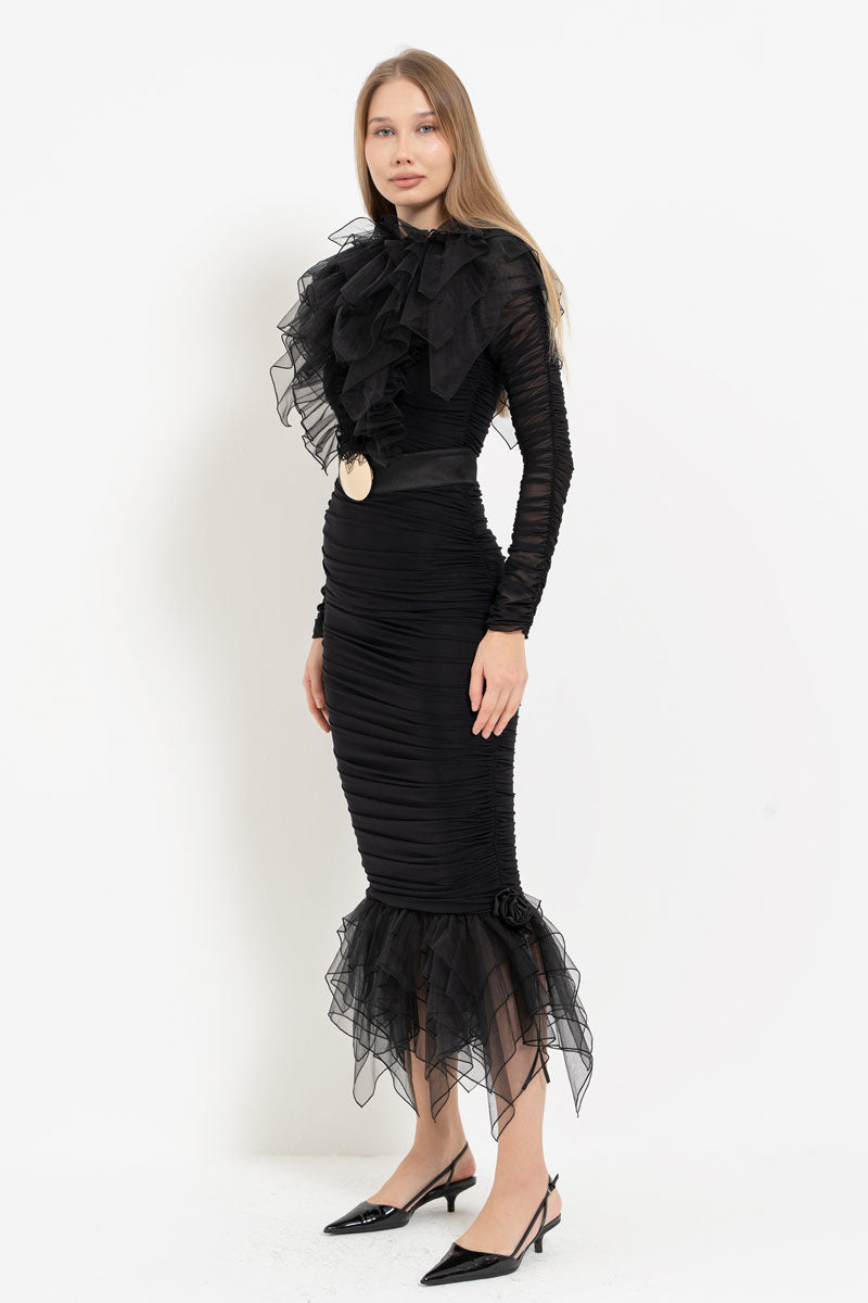 Black Dress with Ruffle Tulle Detail and Detachable Belt