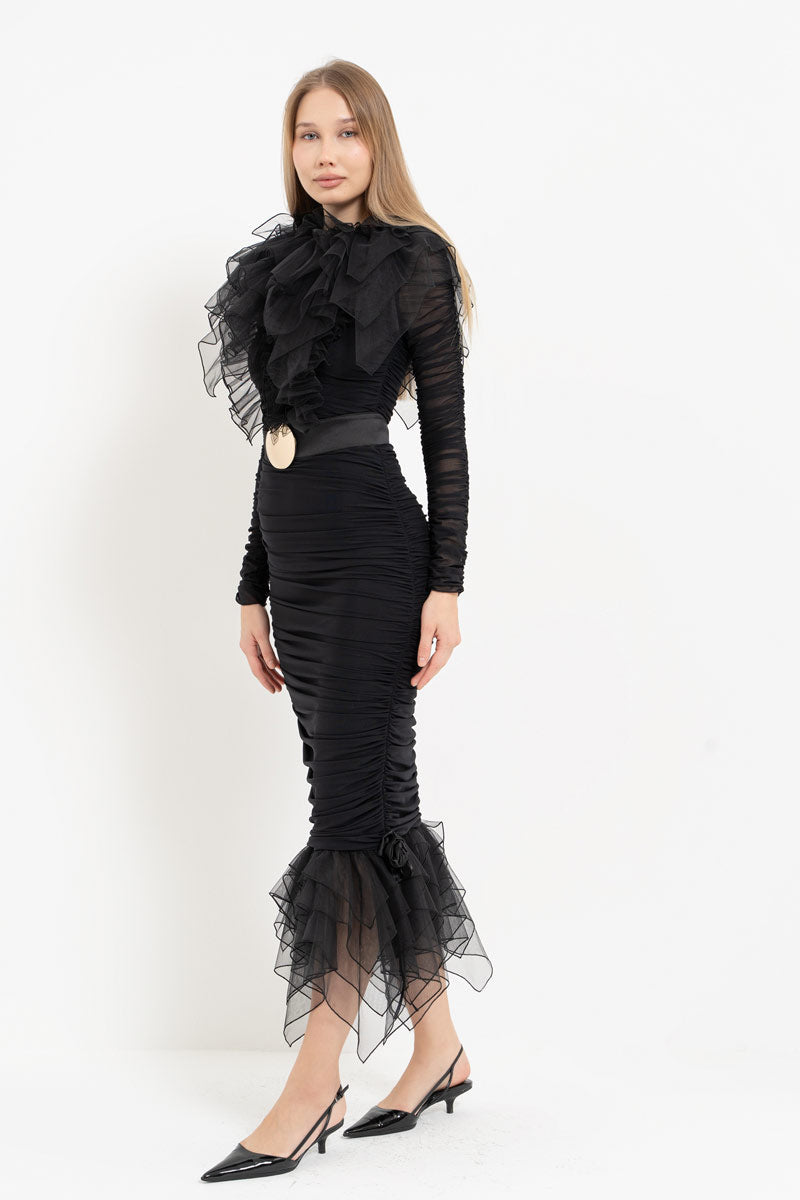 Black Dress with Ruffle Tulle Detail and Detachable Belt