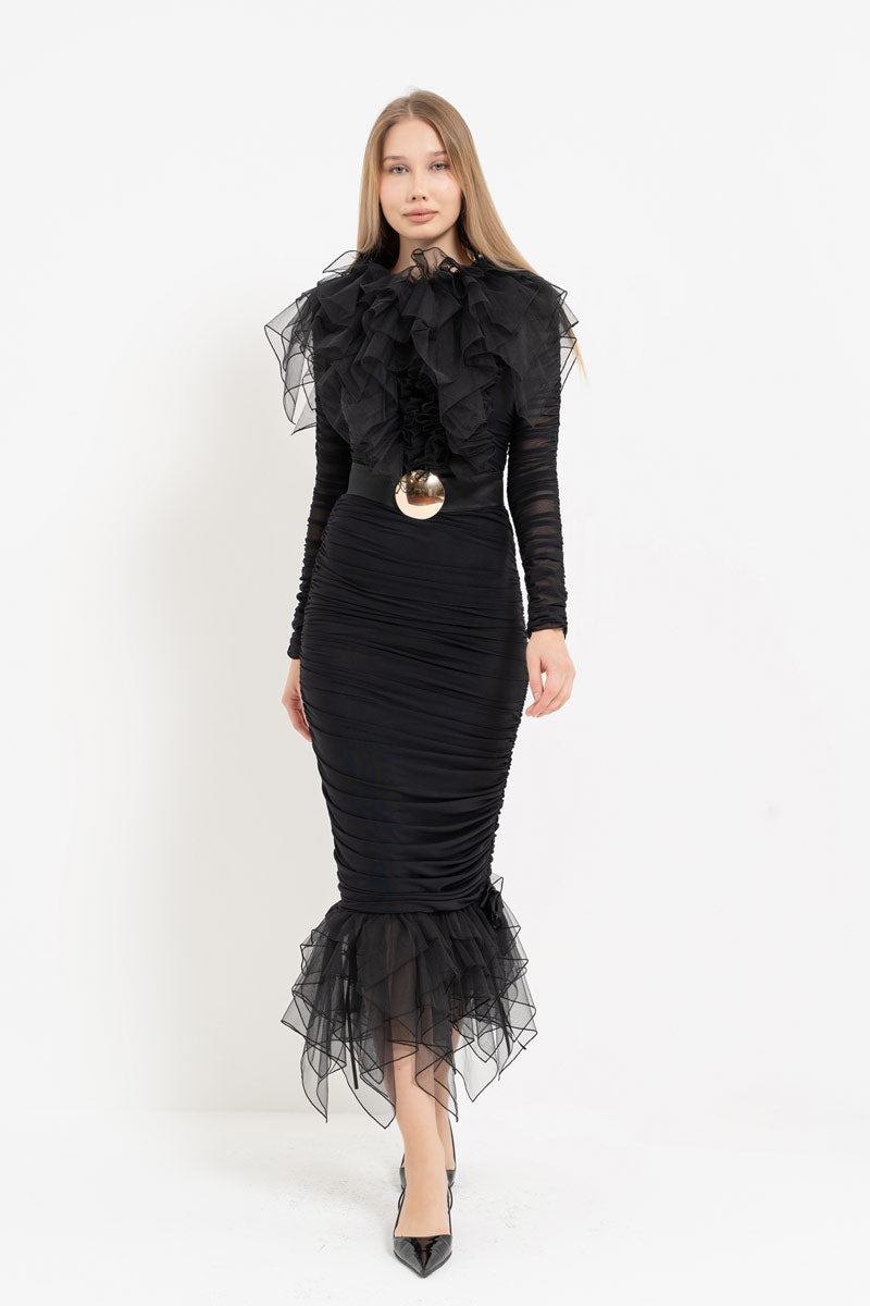 Black Dress with Ruffle Tulle Detail and Detachable Belt