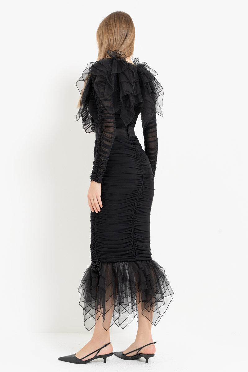 Black Dress with Ruffle Tulle Detail and Detachable Belt
