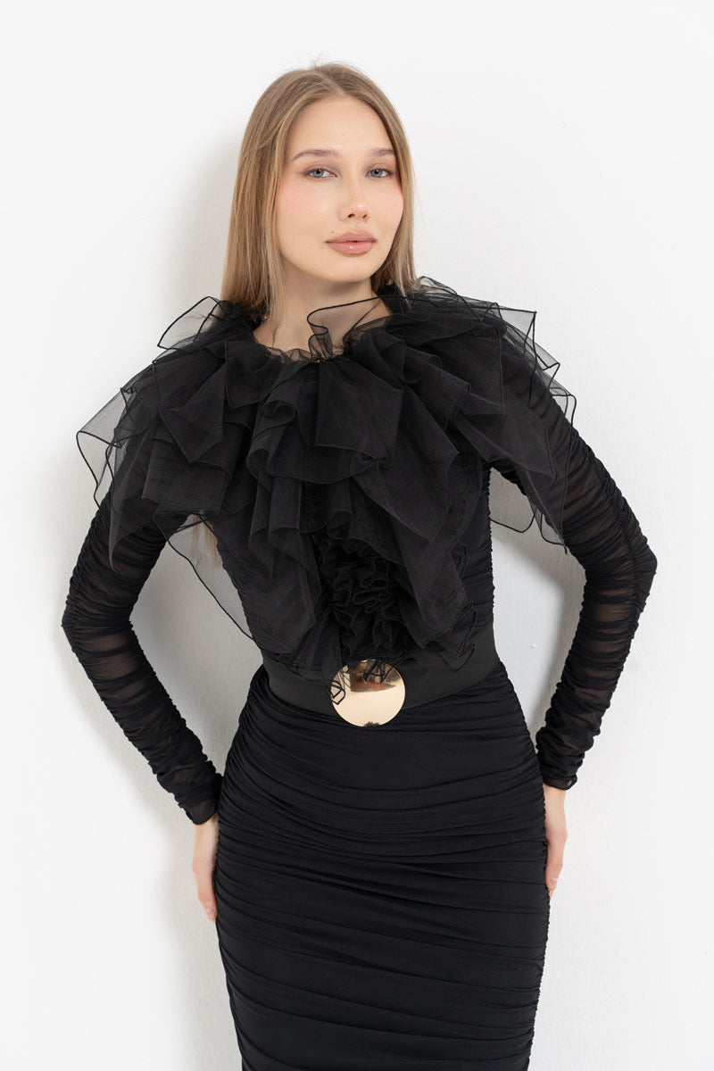 Black Dress with Ruffle Tulle Detail and Detachable Belt
