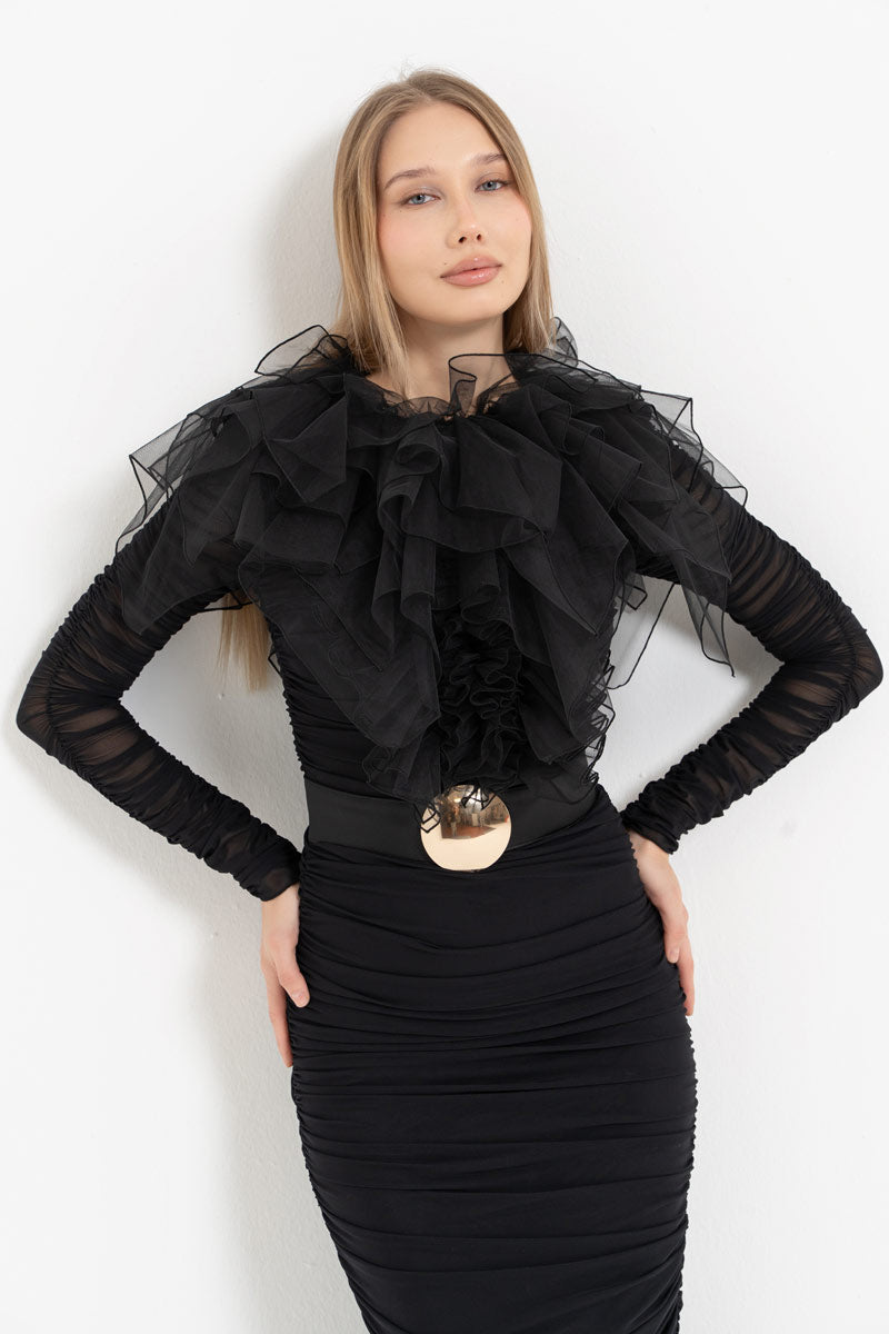 Black Dress with Ruffle Tulle Detail and Detachable Belt