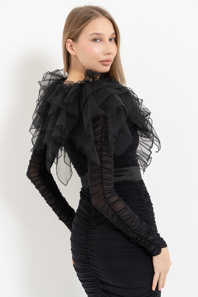Black Dress with Ruffle Tulle Detail and Detachable Belt