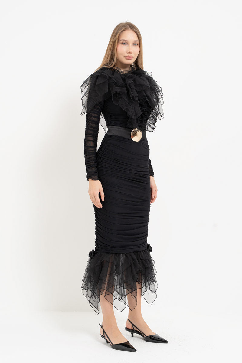 Black Dress with Ruffle Tulle Detail and Detachable Belt
