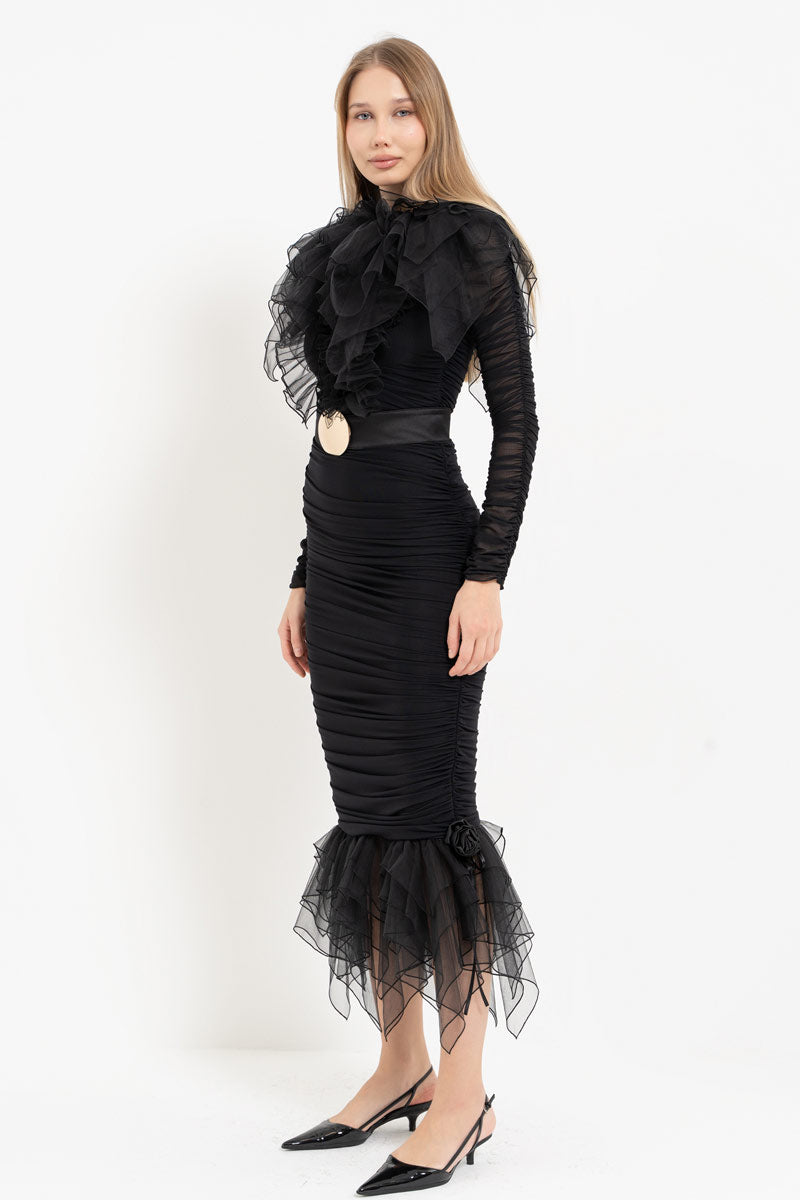 Black Dress with Ruffle Tulle Detail and Detachable Belt