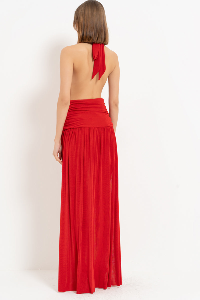 Red Halter Neck High-Low Dress
