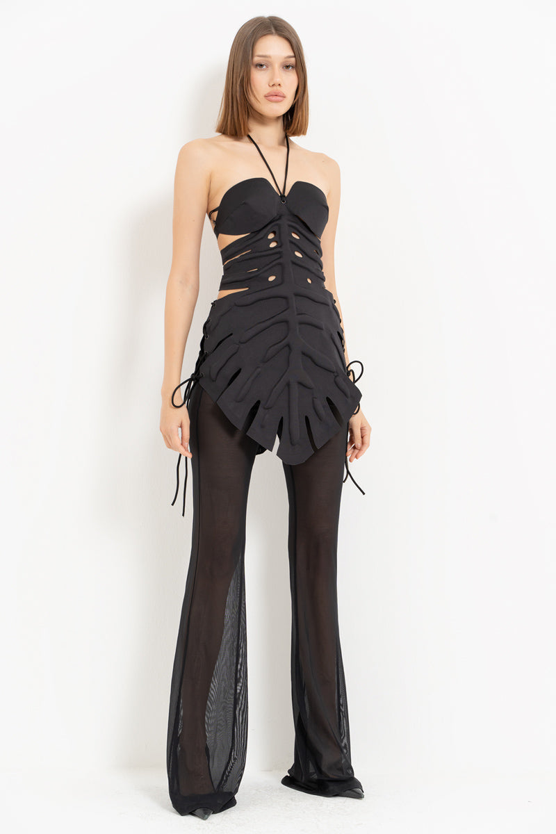 Black Leaf Mini Dress with Tie Detail