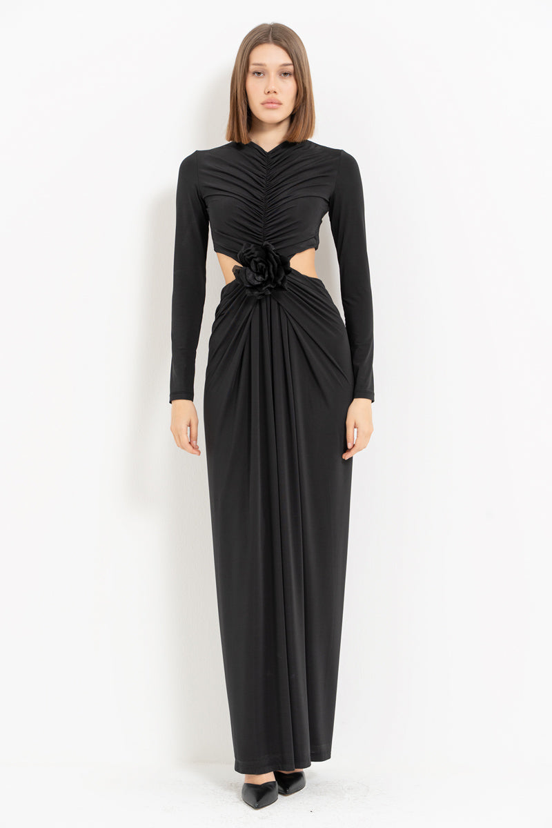 Long Sleeve Maxi Dress with Front Ruching and Rose Detail