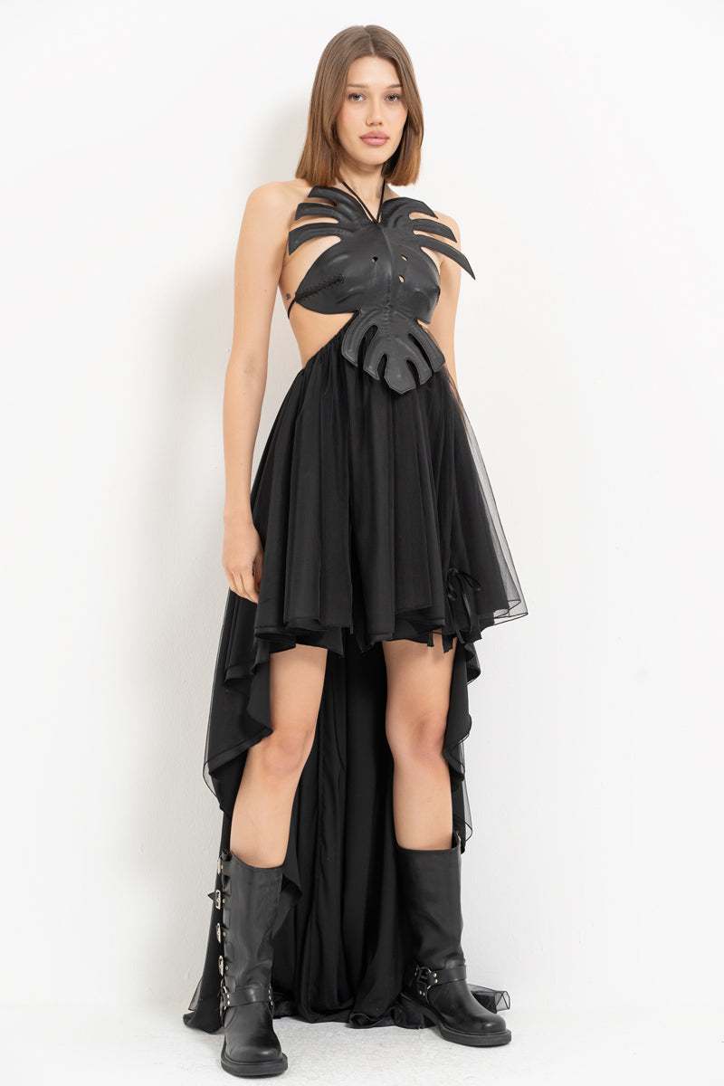 Black Leather Bustier Dress with High-Low Hem