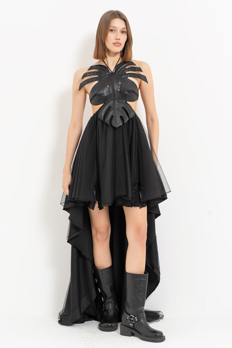 Black Leather Bustier Dress with High-Low Hem