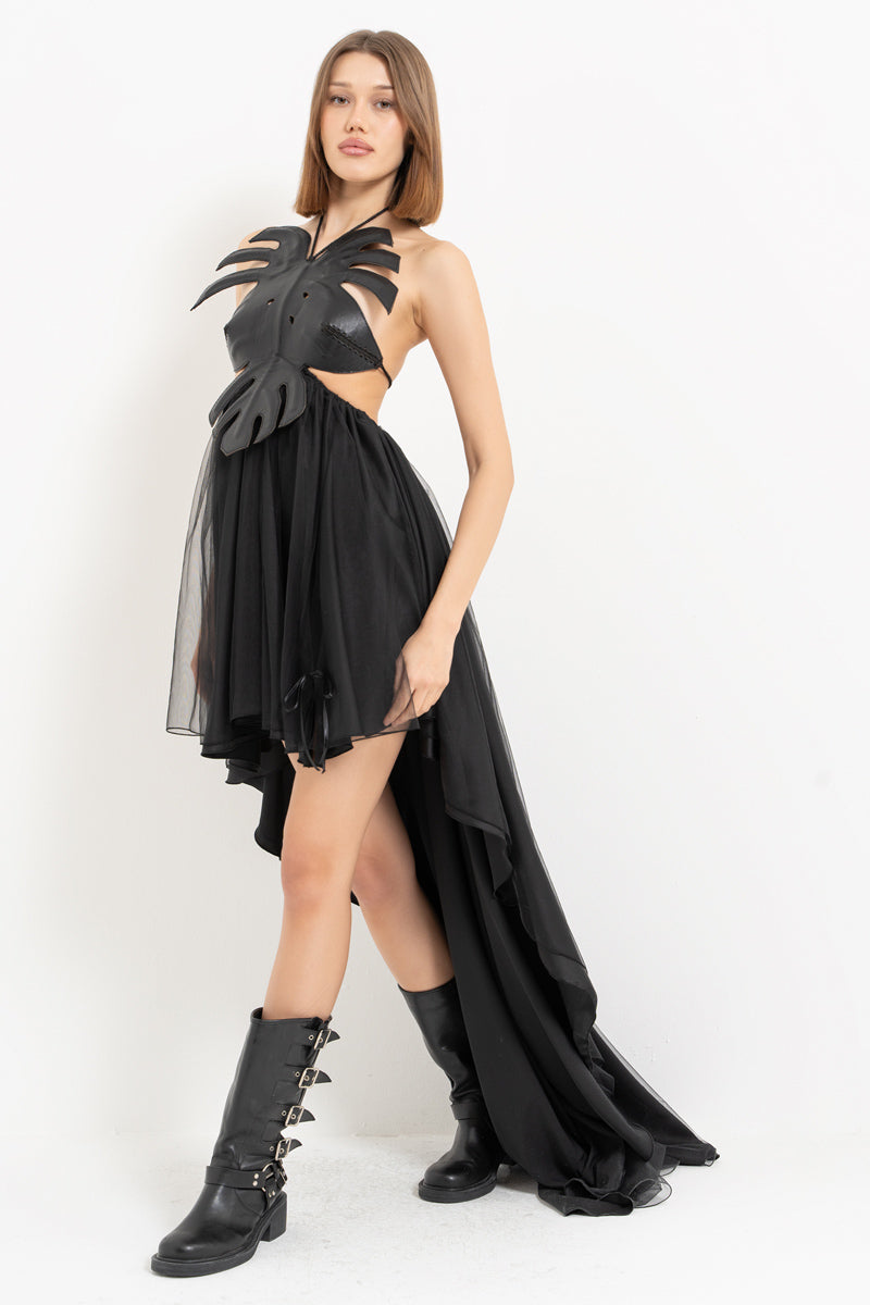 Black Leather Bustier Dress with High-Low Hem