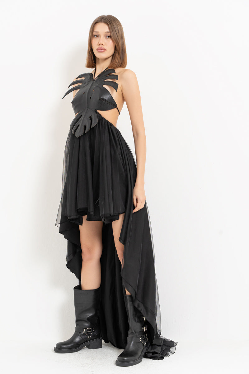 Black Leather Bustier Dress with High-Low Hem